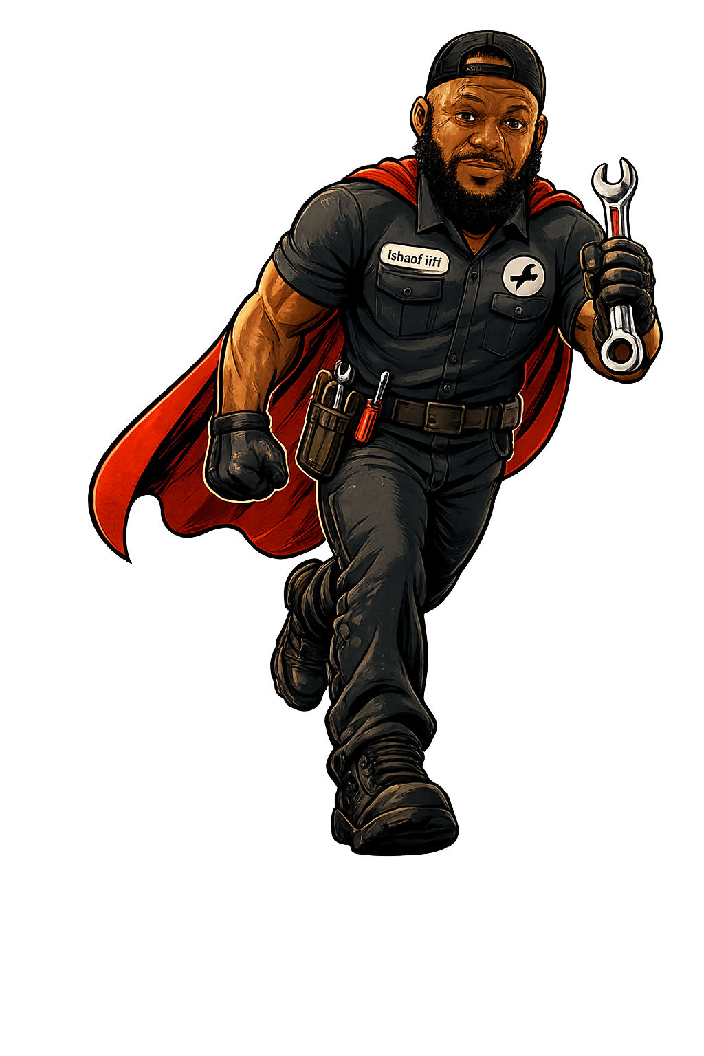 Comic style mobile mechanic character holding a wrench